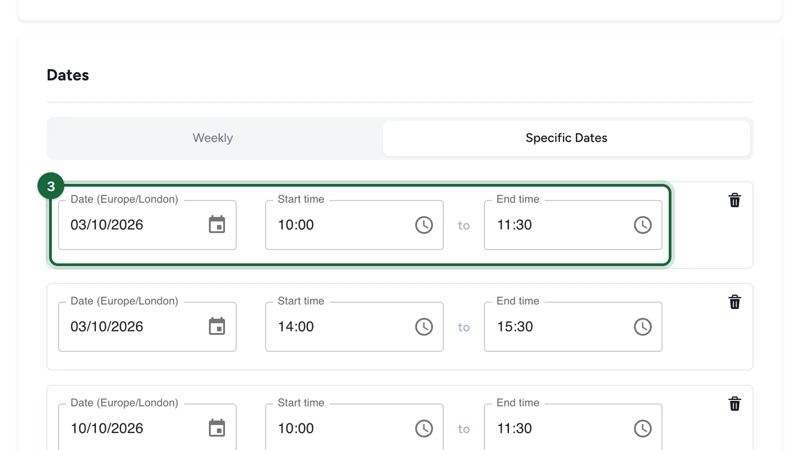 One specific date row with its date, start time and end time highlighted
