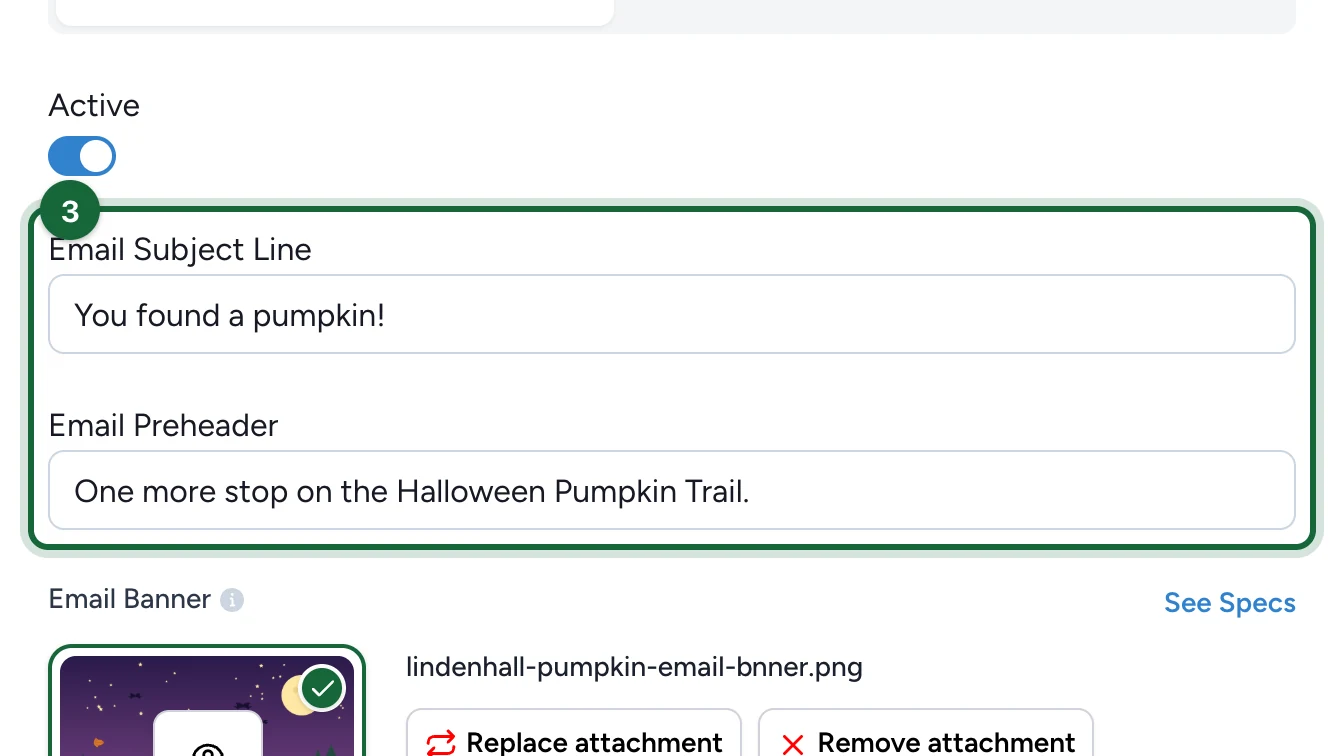 Email Subject Line and Email Preheader filled in for the Pumpkin Trail, highlighted