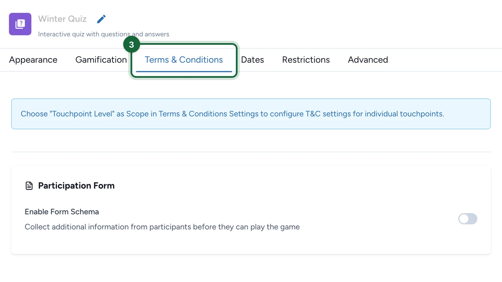Winter Quiz settings with the Terms & Conditions tab highlighted