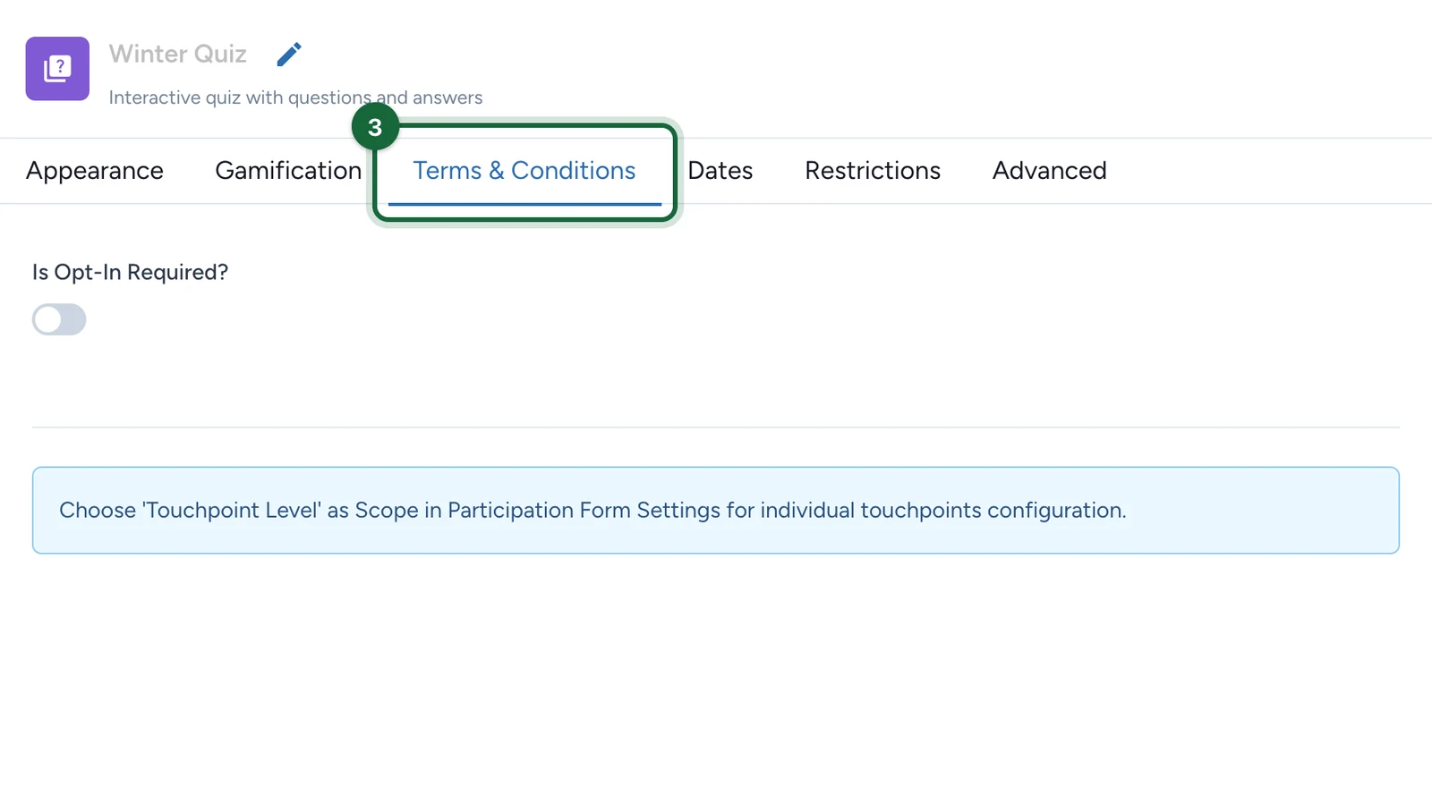 Winter Quiz settings with the Terms & Conditions tab highlighted