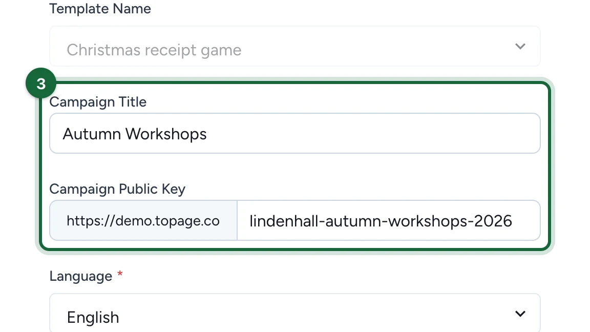Campaign Title set to Autumn Workshops, with the Campaign Public Key filled in below, highlighted