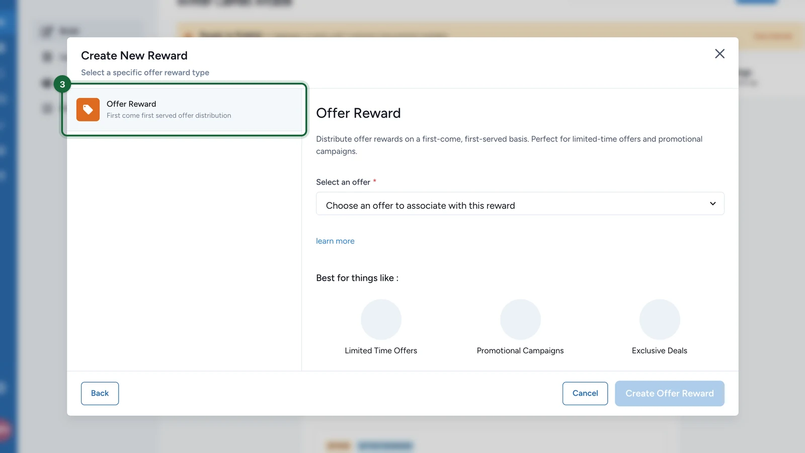 Offer reward types with Offer Reward highlighted