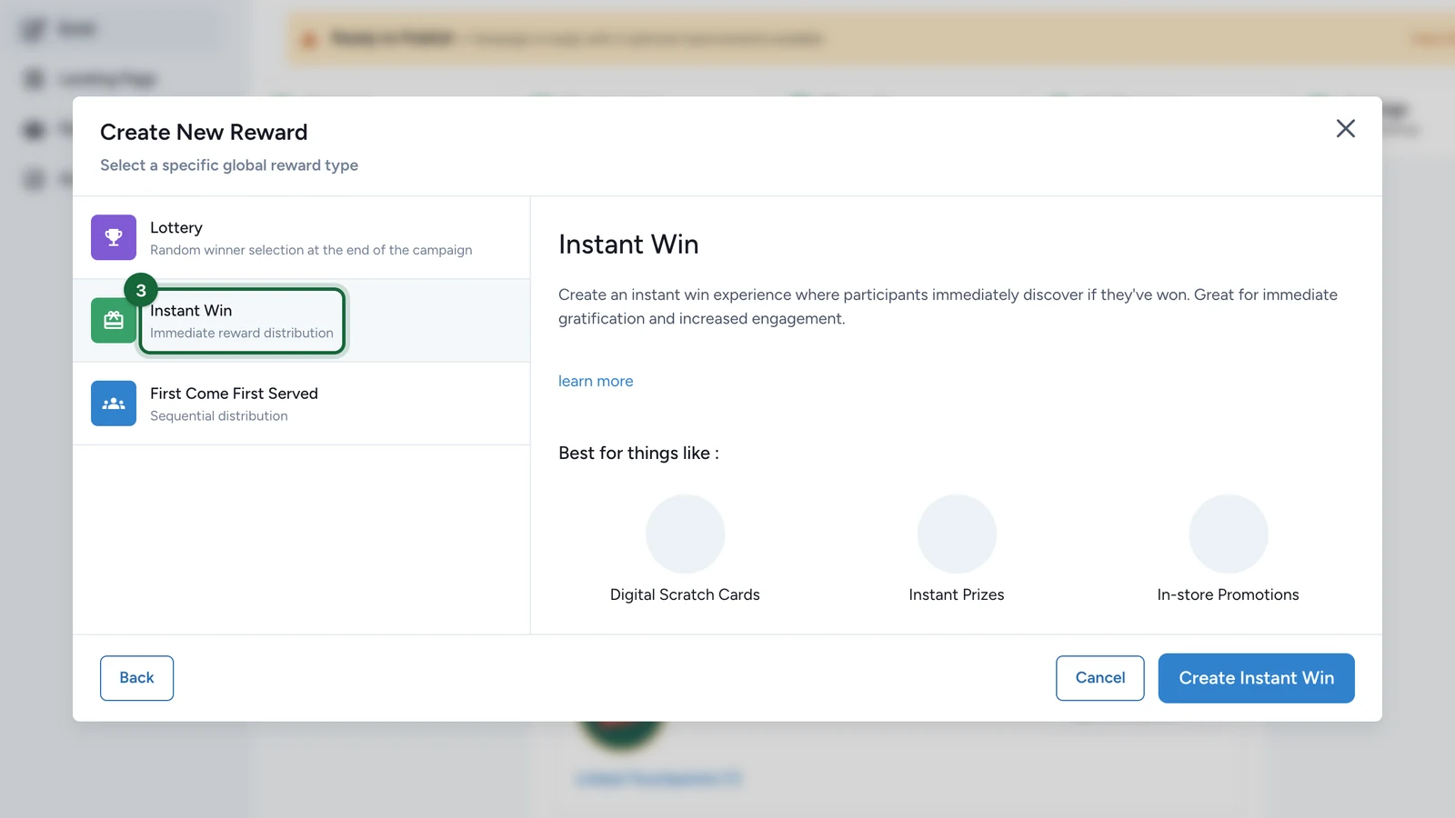 Global reward types with Instant Win selected, highlighted