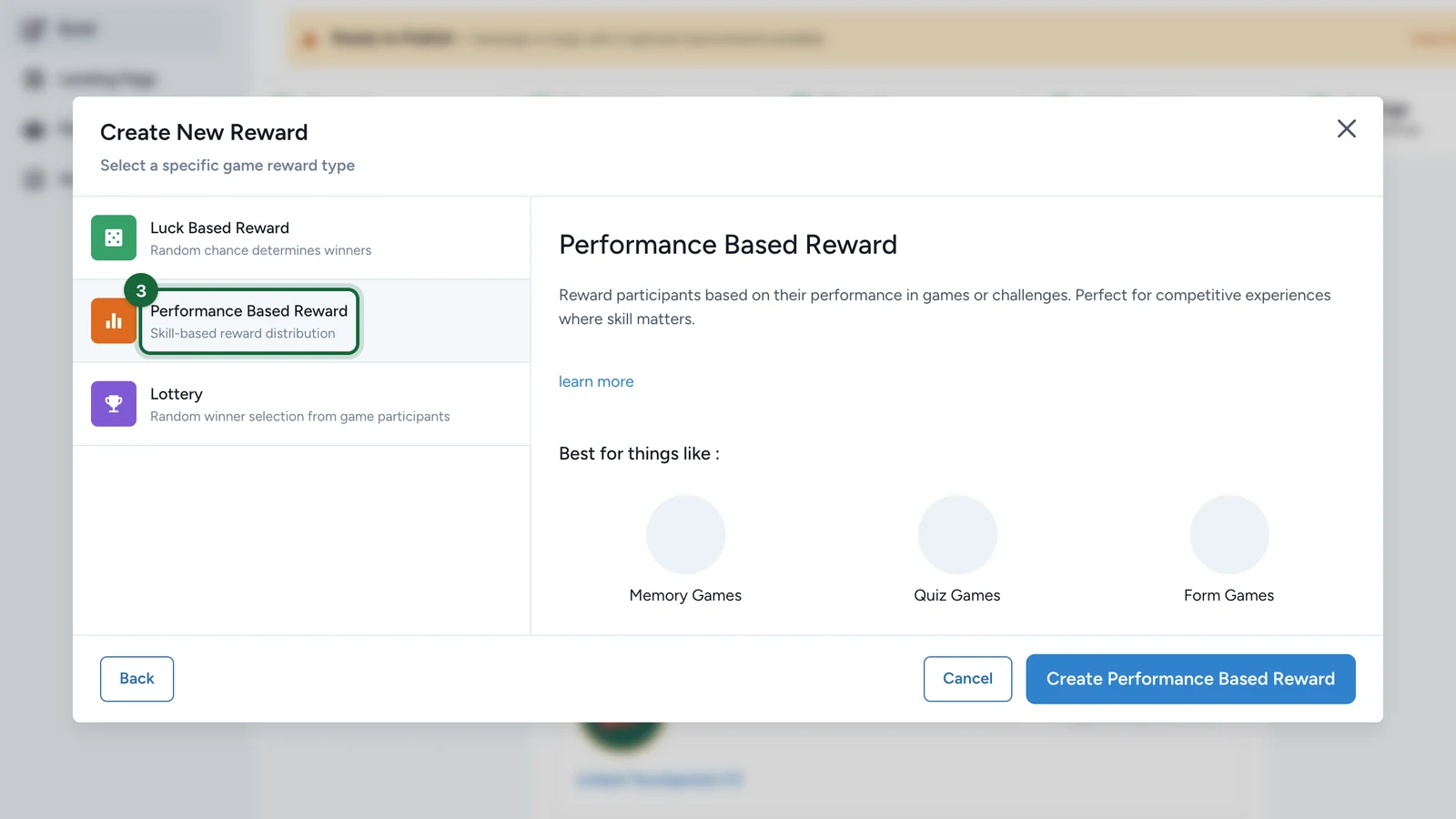 Game reward types with Performance Based Reward selected, highlighted