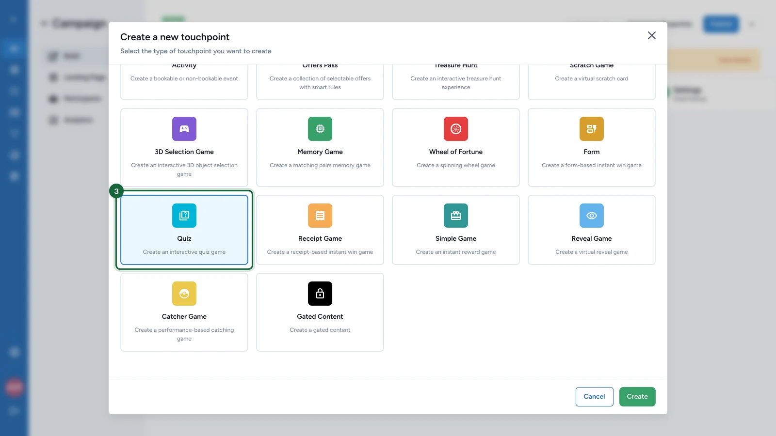Create a new touchpoint window with the Quiz type selected, highlighted