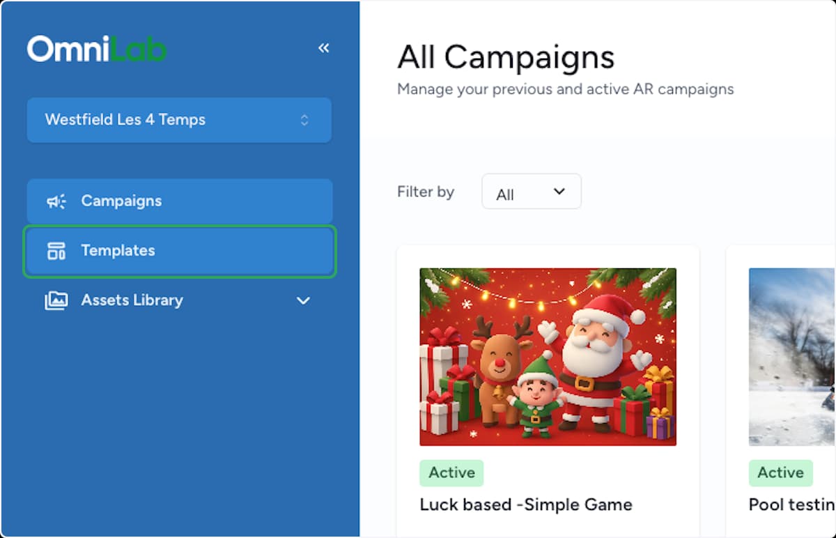 Barre latérale de Studio avec l'élément Templates mis en évidence sous Campaigns