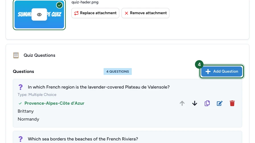 Section Quiz Questions avec le bouton Add Question mis en évidence