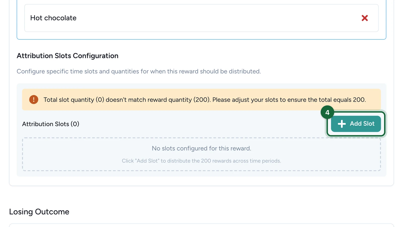 Attribution Slots Configuration with Add Slot highlighted, and a warning that the total doesn't match