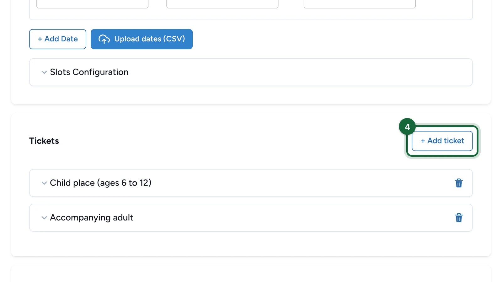 Tickets section with the + Add ticket button highlighted