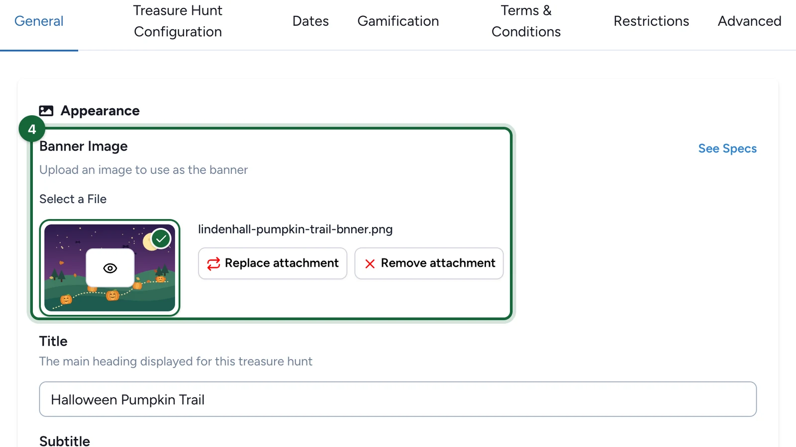 General tab with the Halloween Pumpkin Trail banner uploaded, highlighted