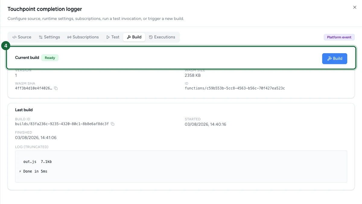 Build tab showing a Ready status with the version, size and build timestamps