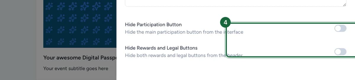 Hide Participation Button and Hide Rewards and Legal Buttons toggles highlighted