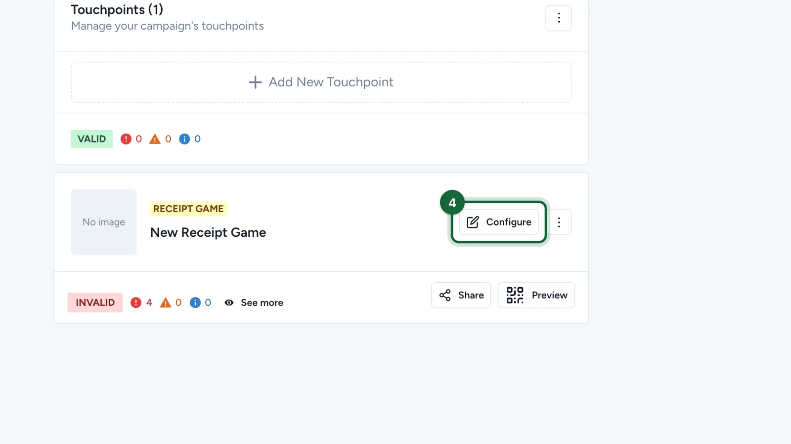 Touchpoints list with the New Receipt Game card and its Configure button highlighted