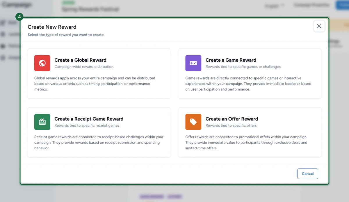 Create New Reward modal with four reward-type cards: Create a Global Reward, Create a Game Reward, Create a Receipt Game Reward, and Create an Offer Reward
