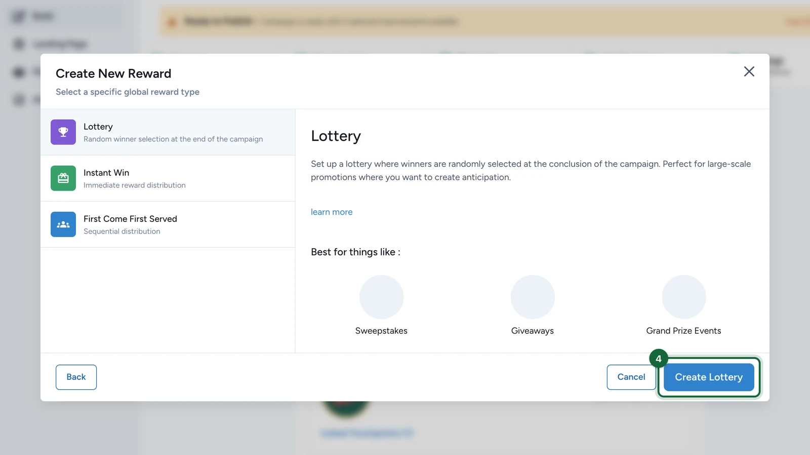 Create New Reward window with the Create Lottery button highlighted