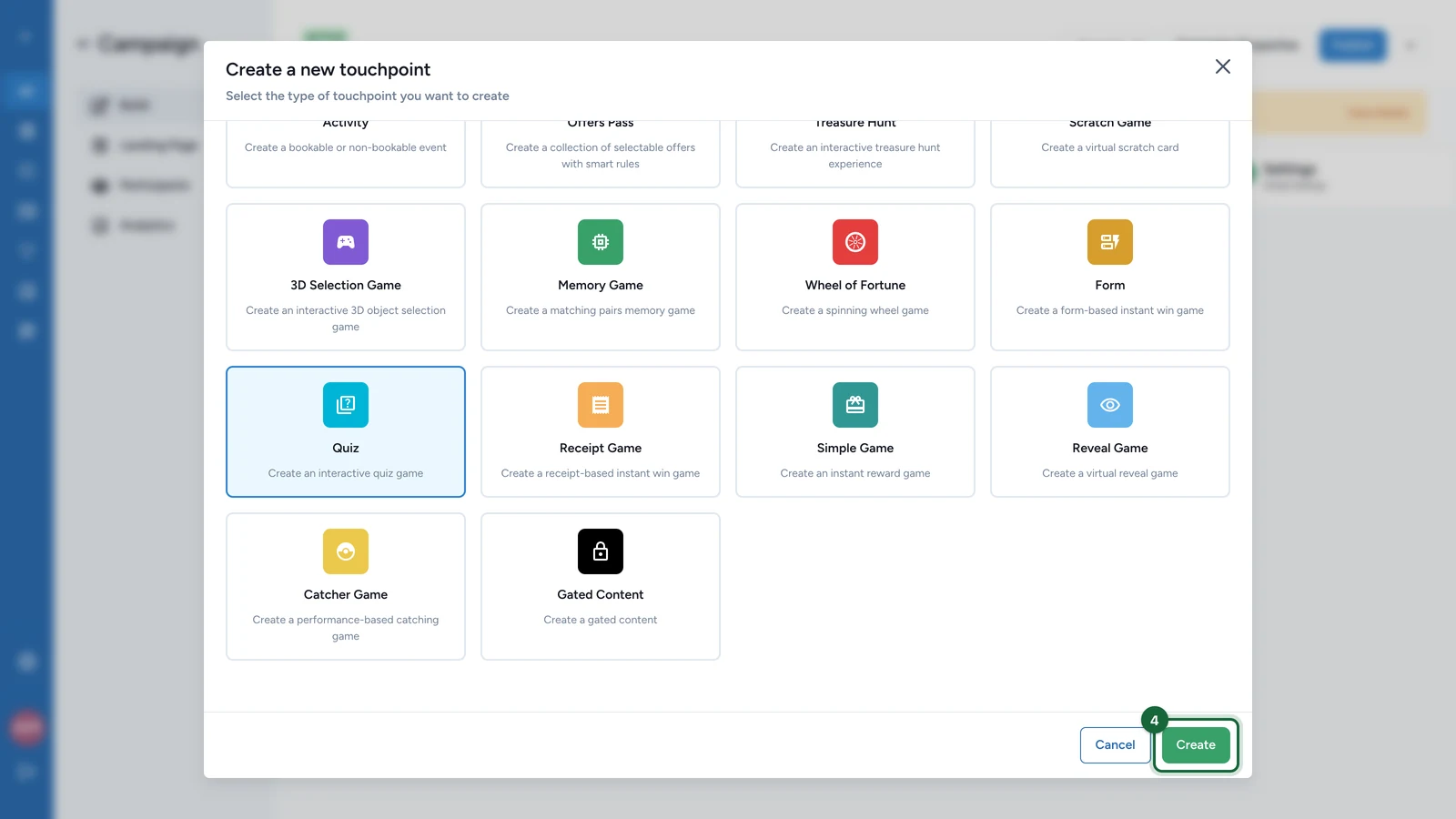 Create a new touchpoint window with the Create button highlighted