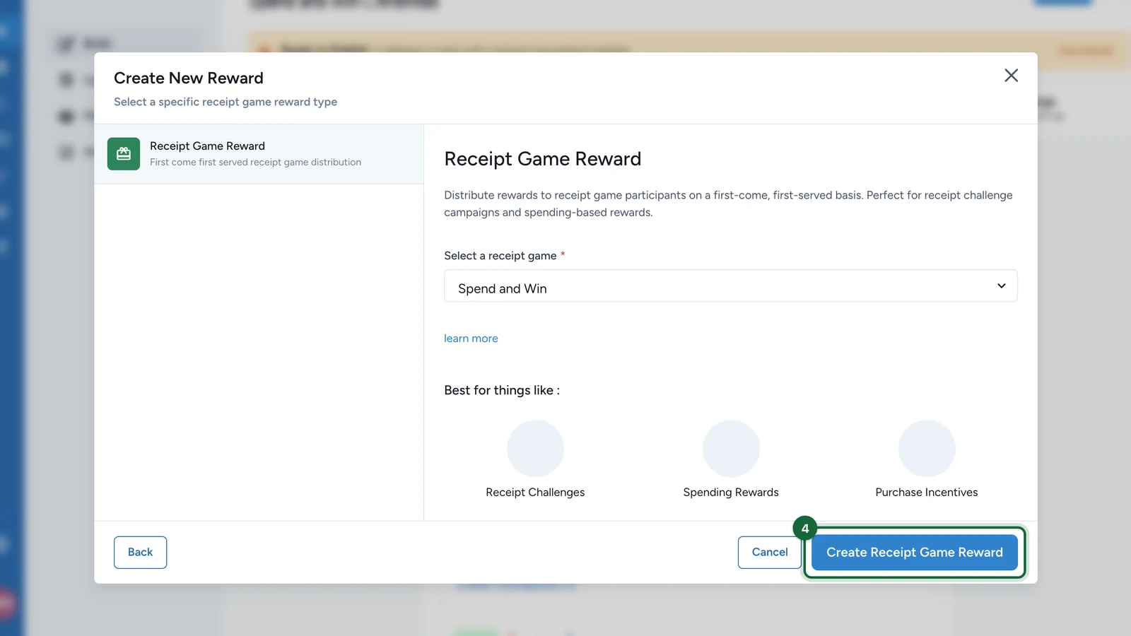 Create New Reward window with the Create Receipt Game Reward button highlighted