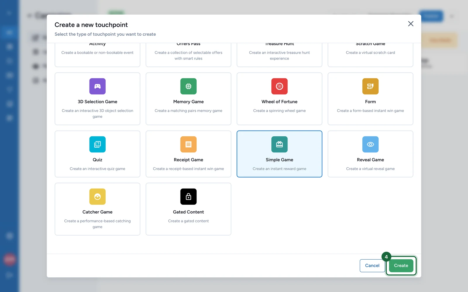 Create a new touchpoint window with the Create button highlighted