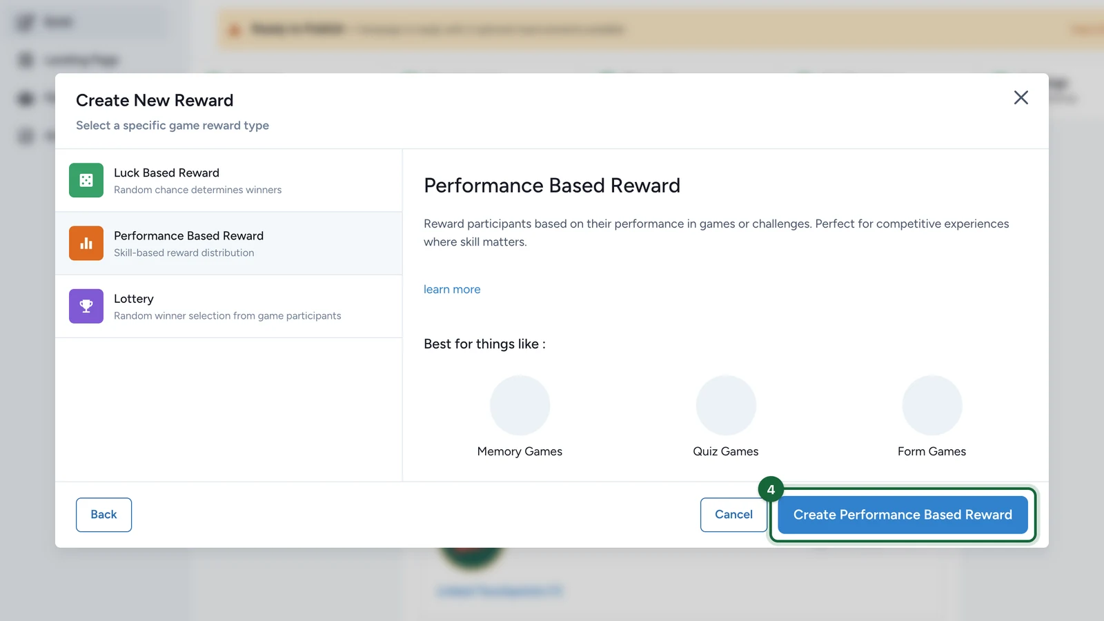 Create New Reward window with the Create Performance Based Reward button highlighted