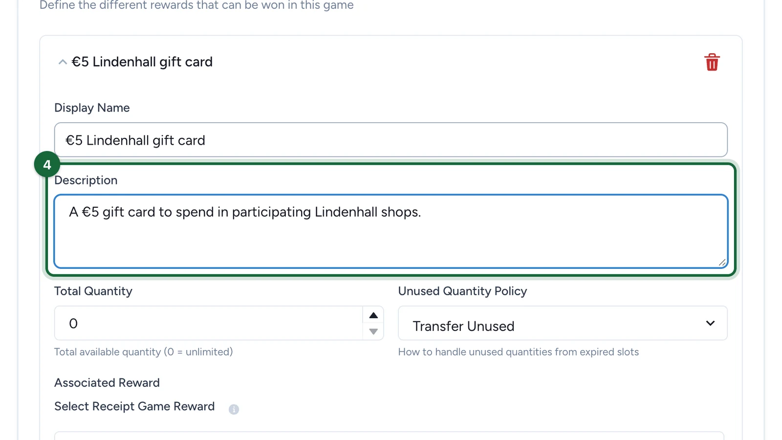 Description of the €5 gift card, highlighted