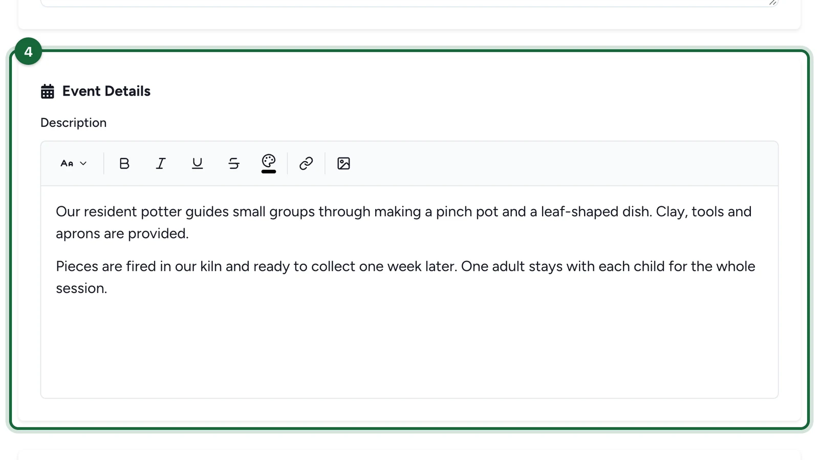 Event Details section with a two-paragraph description of the pottery workshop
