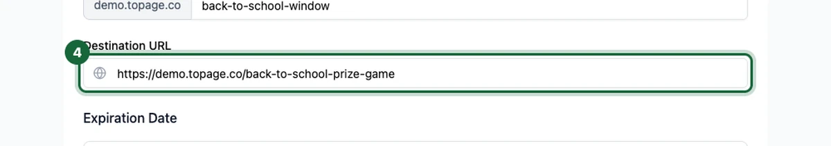 Destination URL field filled with the page the Smart Link should redirect to