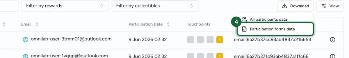 Download menu with the Participation forms data option highlighted