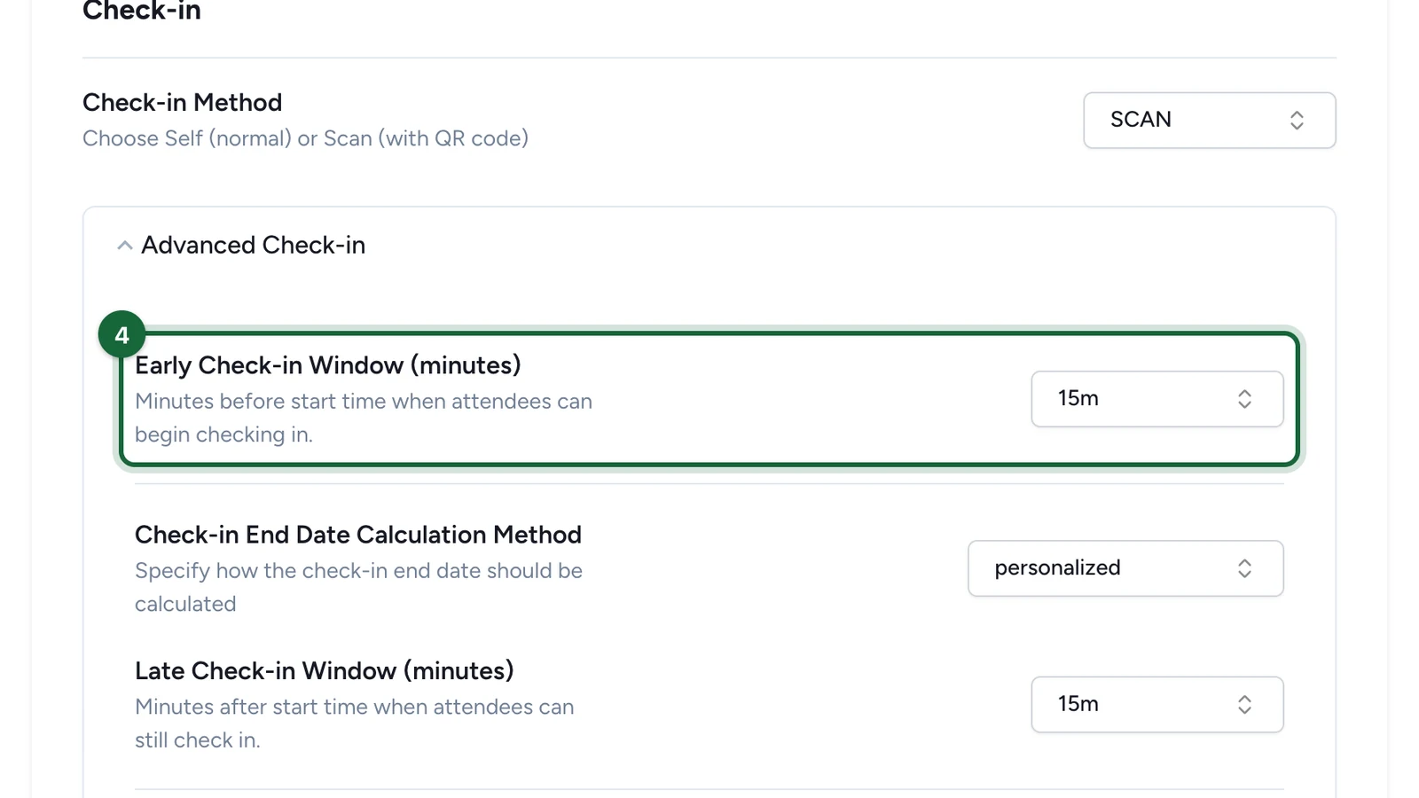 Early Check-in Window set to 15 minutes, highlighted