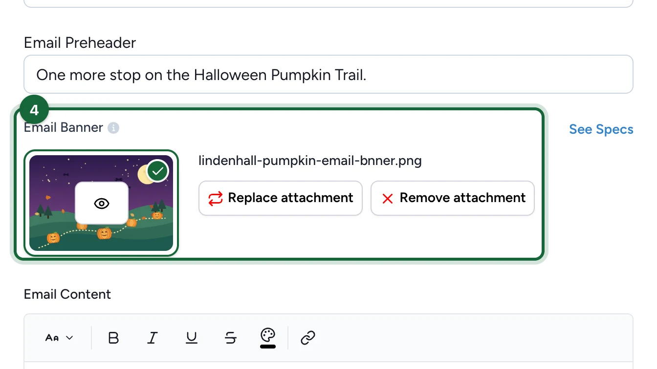Email Banner field with the Pumpkin Trail banner uploaded, highlighted