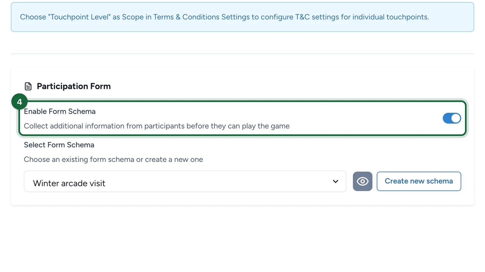 Participation Form section with Enable Form Schema switched on, highlighted