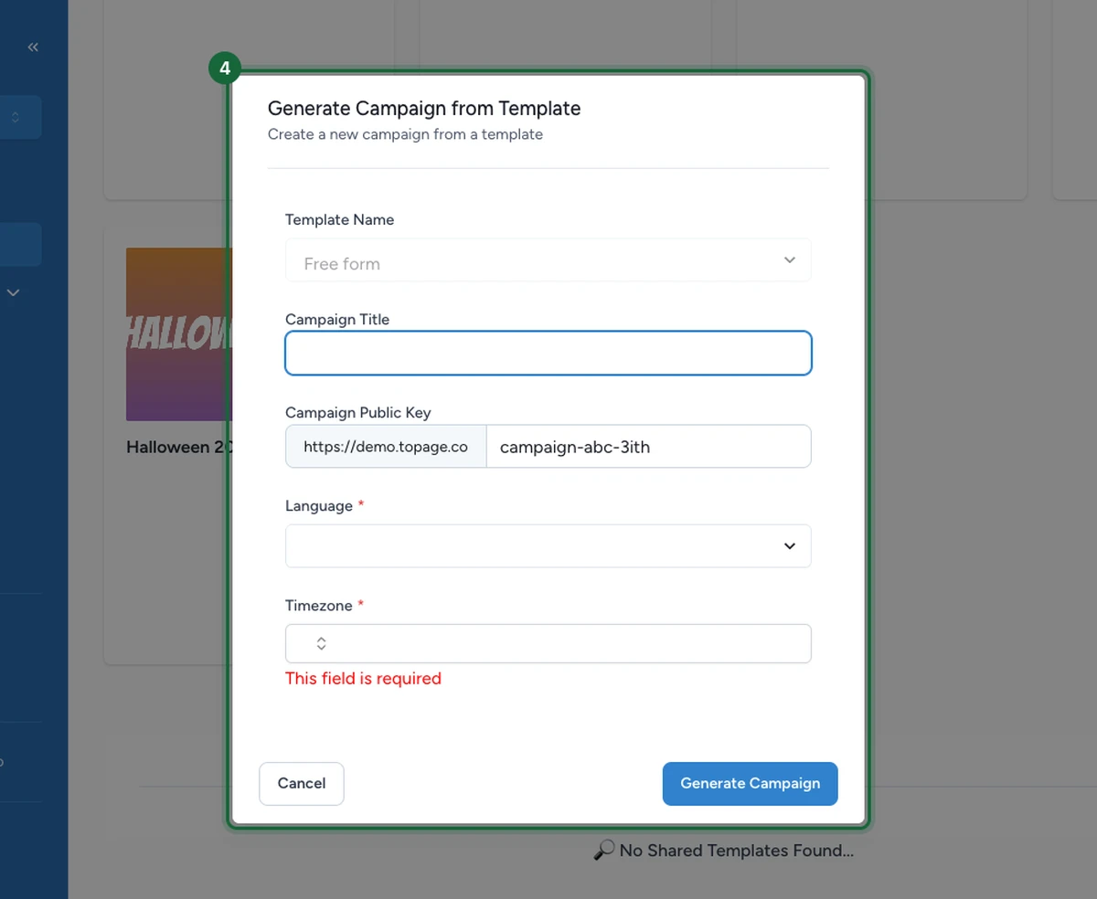 Generate Campaign from Template dialog showing Template Name, Campaign Title, Campaign Public Key, Language and Timezone fields with the Generate Campaign button