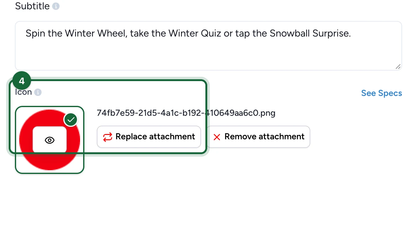 Update Instruction window with the Icon and Replace attachment highlighted