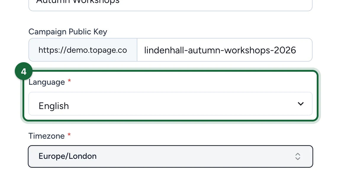 Language set to English, highlighted