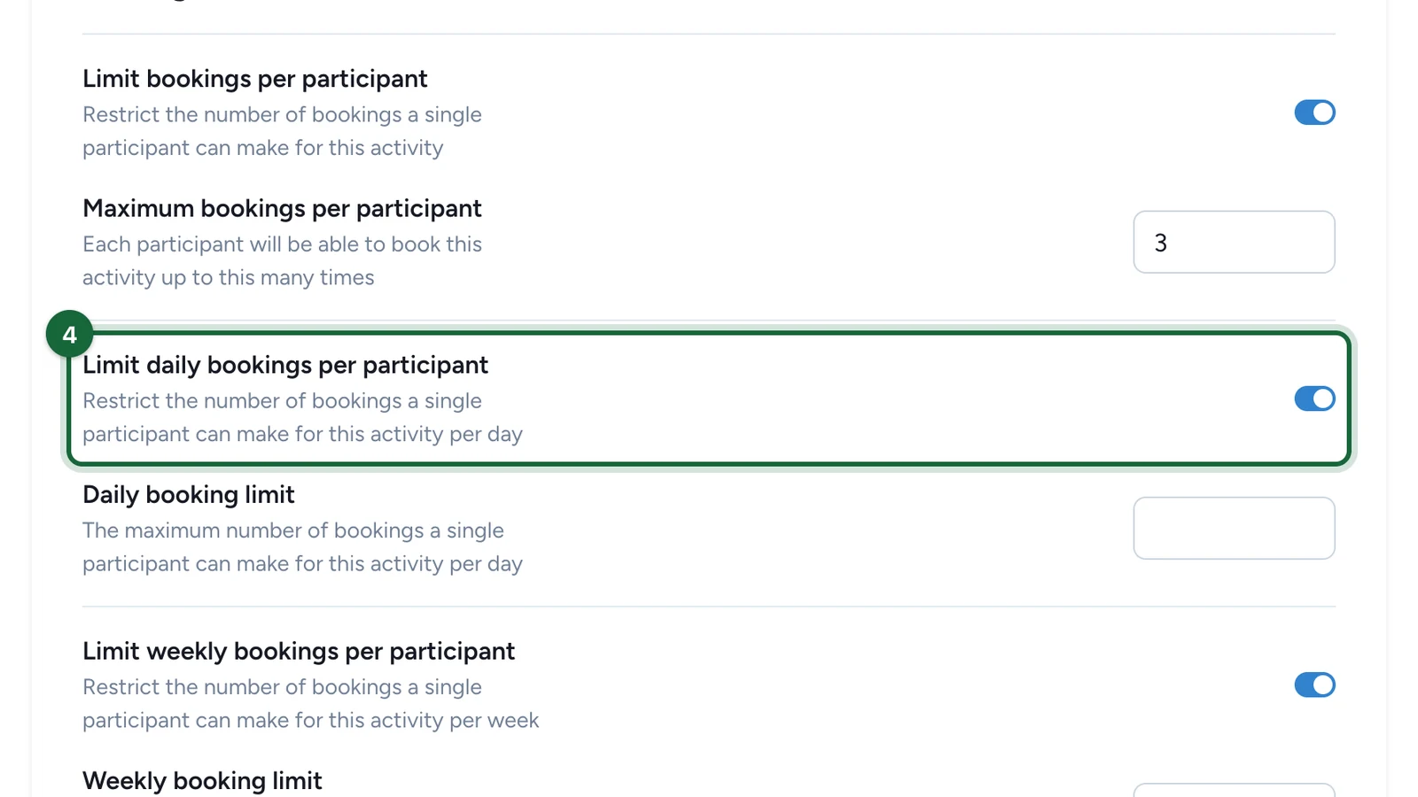 Limit daily bookings per participant switch turned on, highlighted