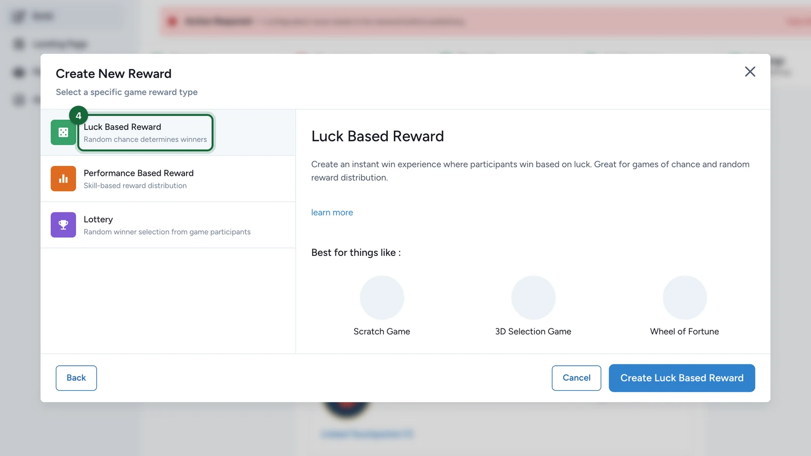 Game reward types with Luck Based Reward highlighted