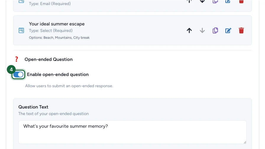 Open-ended Question section with the Enable open-ended question toggle