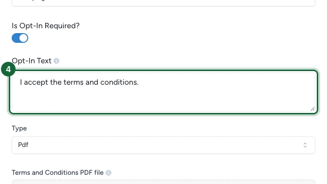 Boîte de dialogue des paramètres des conditions générales avec le champ Texte d'Opt-In mis en évidence, contenant la phrase de consentement