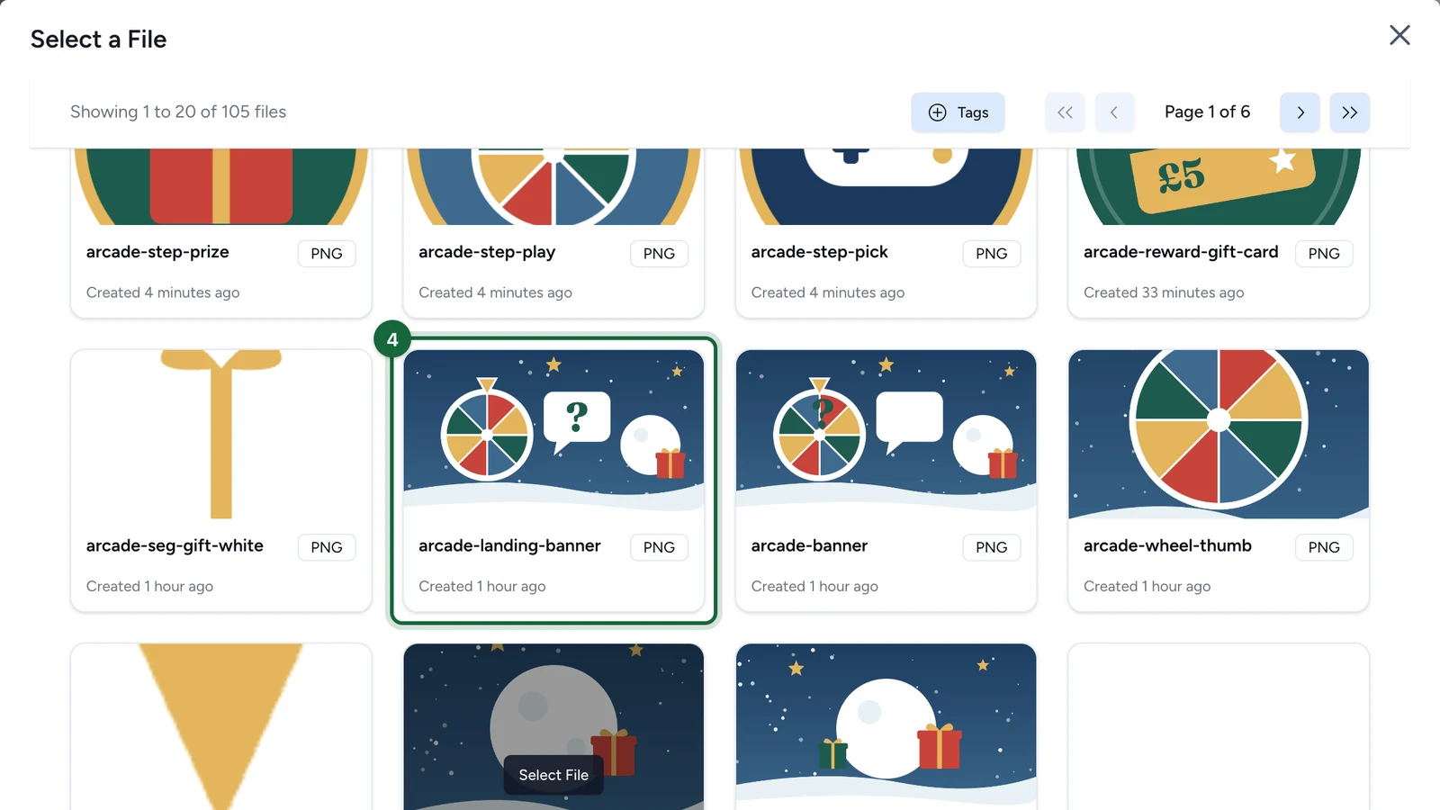 Images & Files library with the arcade banner highlighted