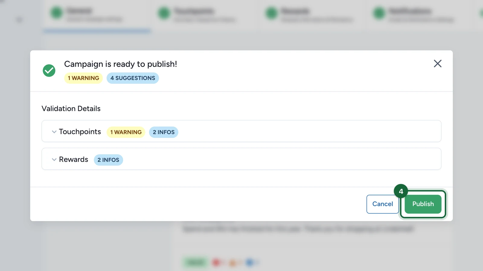Validation window saying Campaign is ready to publish!, with the Publish button highlighted