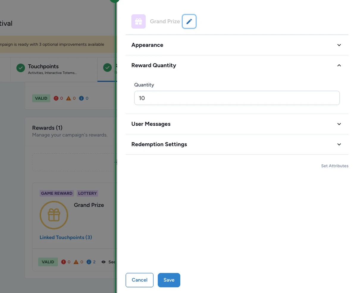 Panneau de configuration de la récompense avec la section Reward Quantity mise en évidence, où le nombre de lots est réglé au-dessus de zéro.