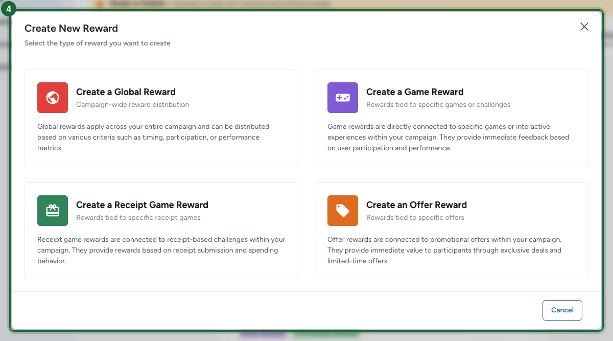 Create New Reward modal showing the four reward types, with Create a Game Reward highlighted
