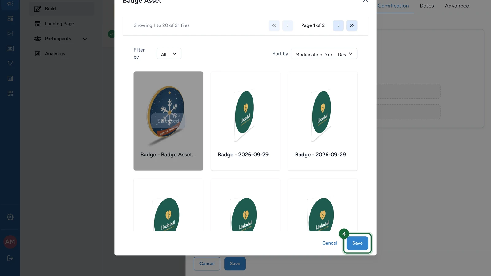Badge Asset library with the Winter Explorer badge selected and Save highlighted
