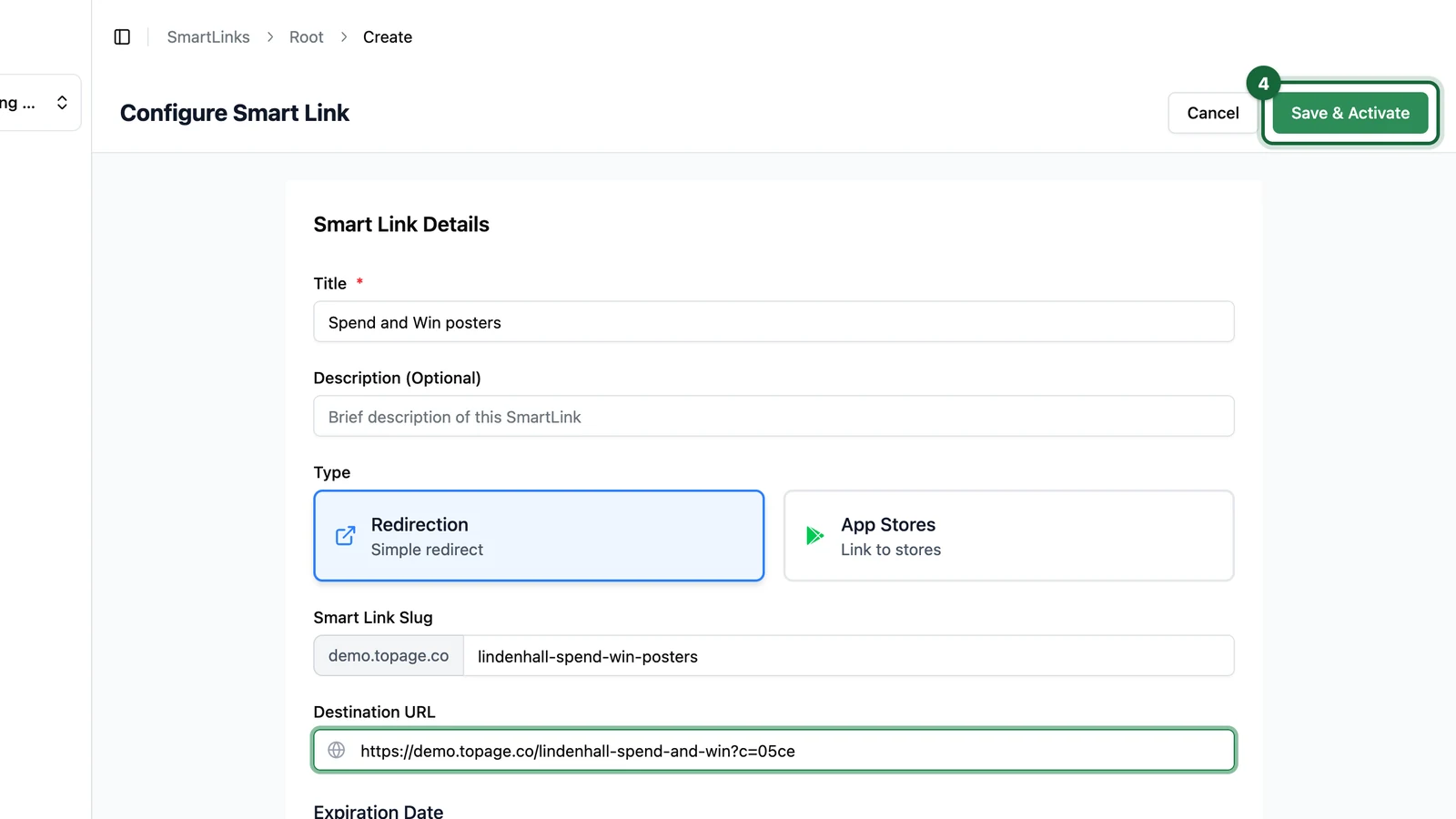 Configure Smart Link page with the Save & Activate button highlighted