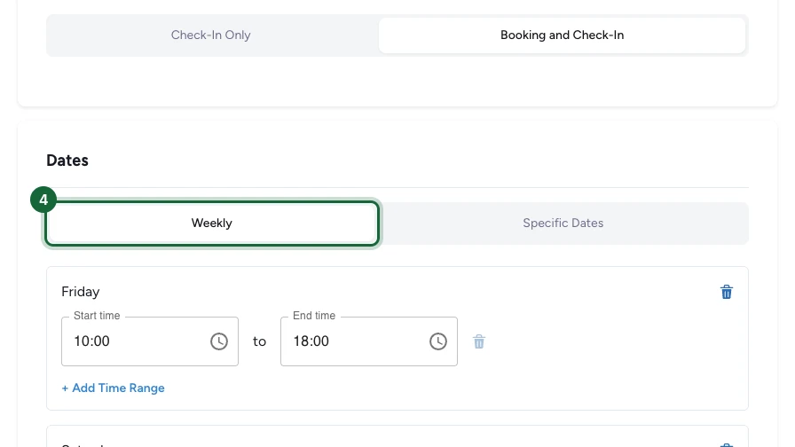 Onglet Slots avec les horaires Weekly et leurs lignes de jour mis en évidence