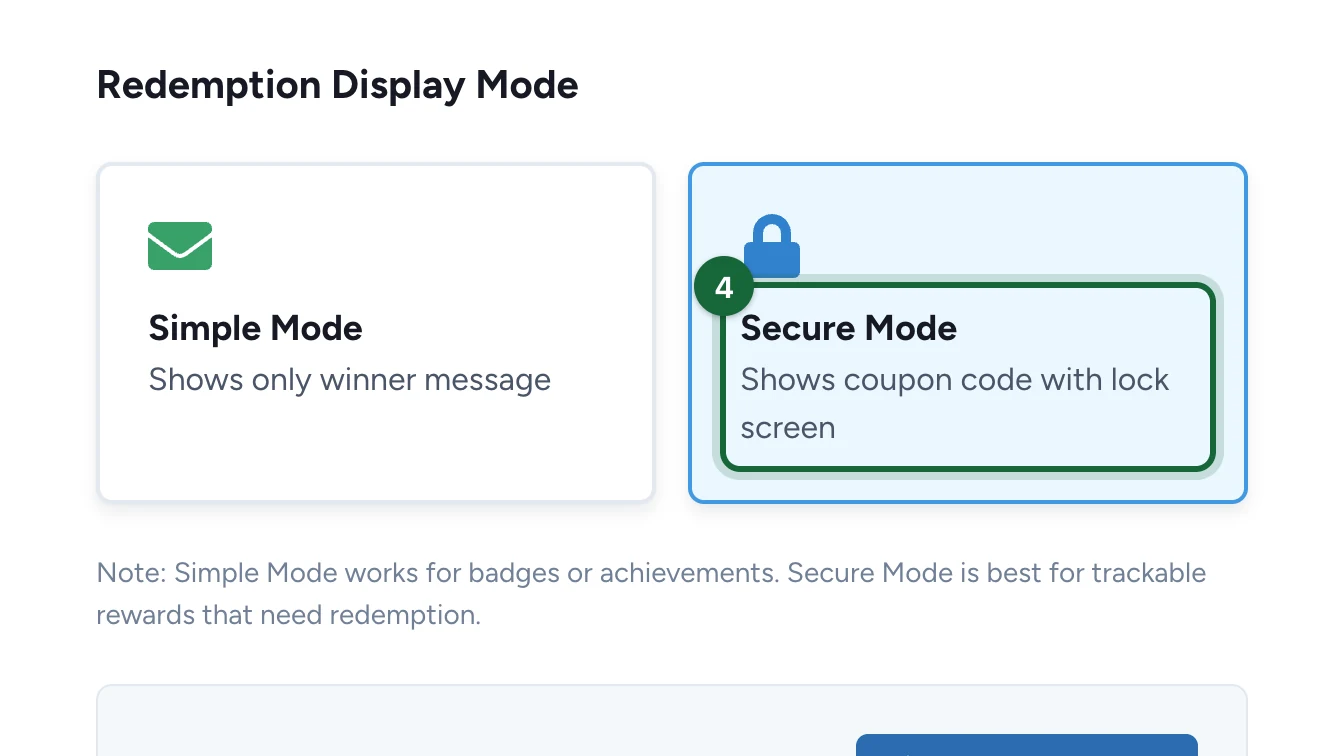 Redemption Display Mode with Secure Mode highlighted