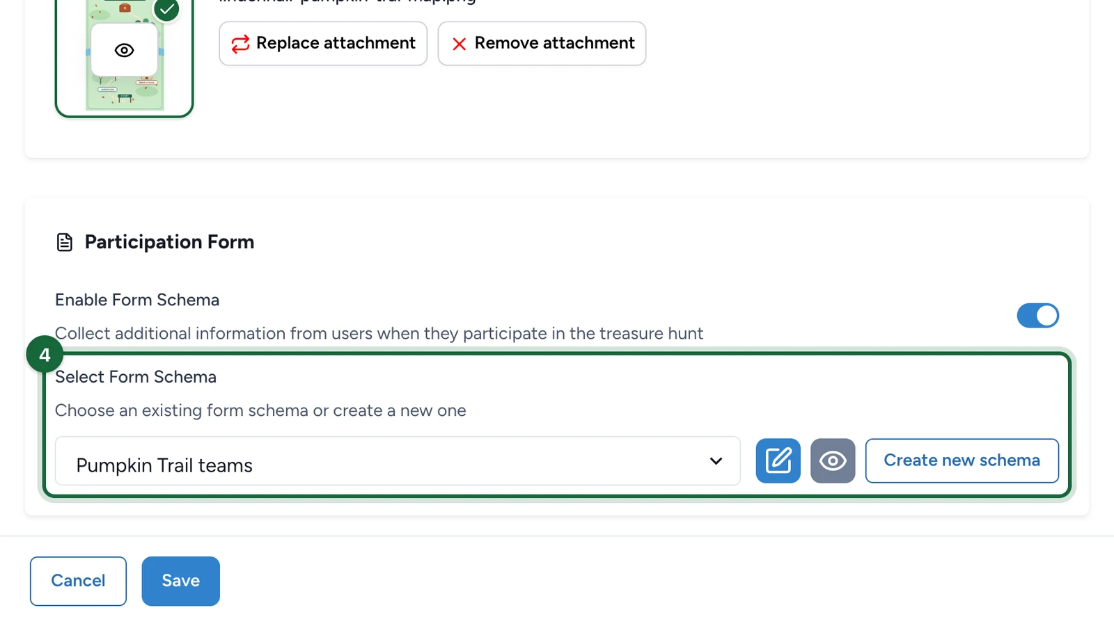 Select Form Schema set to Pumpkin Trail teams, highlighted
