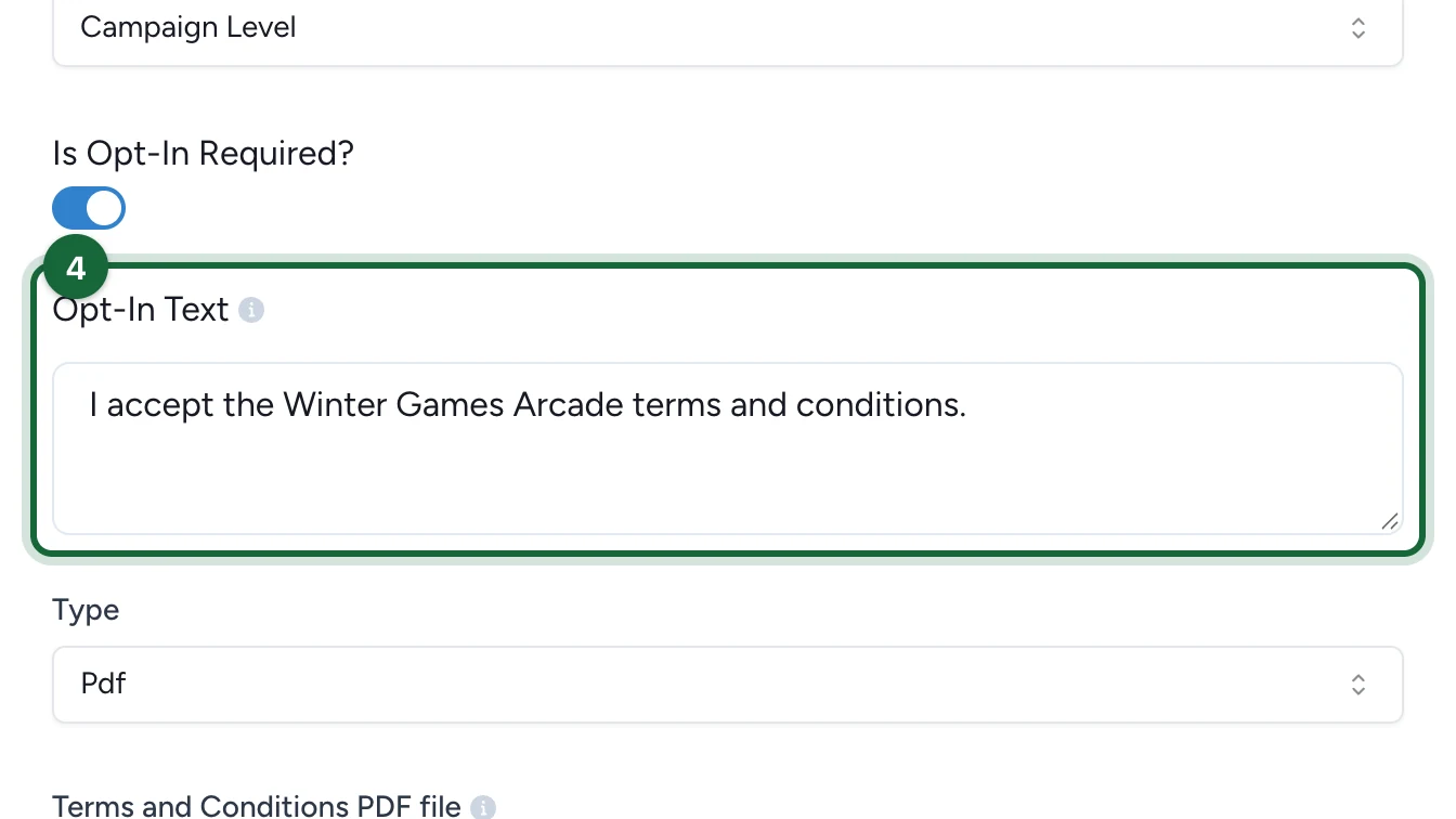 Opt-In Text reading I accept the Winter Games Arcade terms and conditions, highlighted
