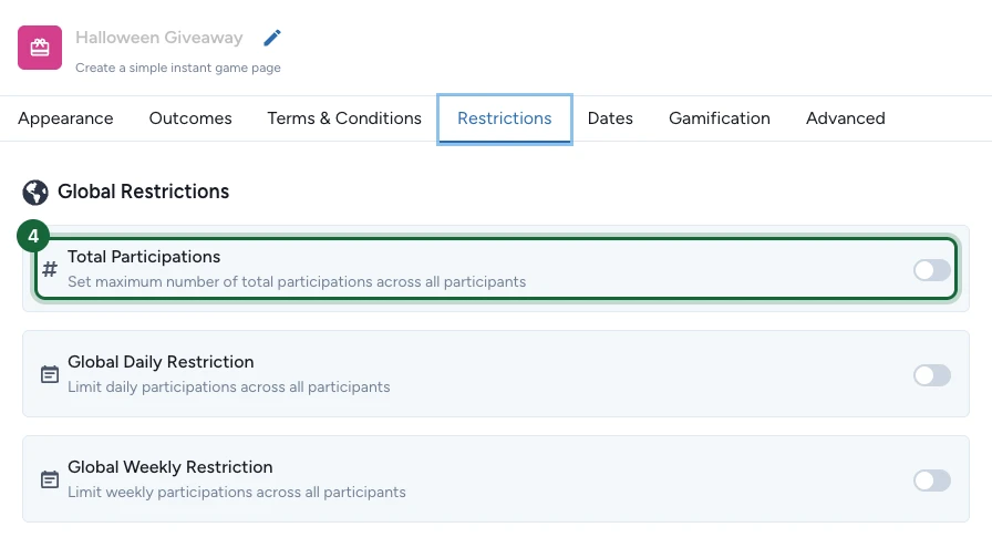 Restrictions tab showing the Global Restrictions area with Total Participations highlighted