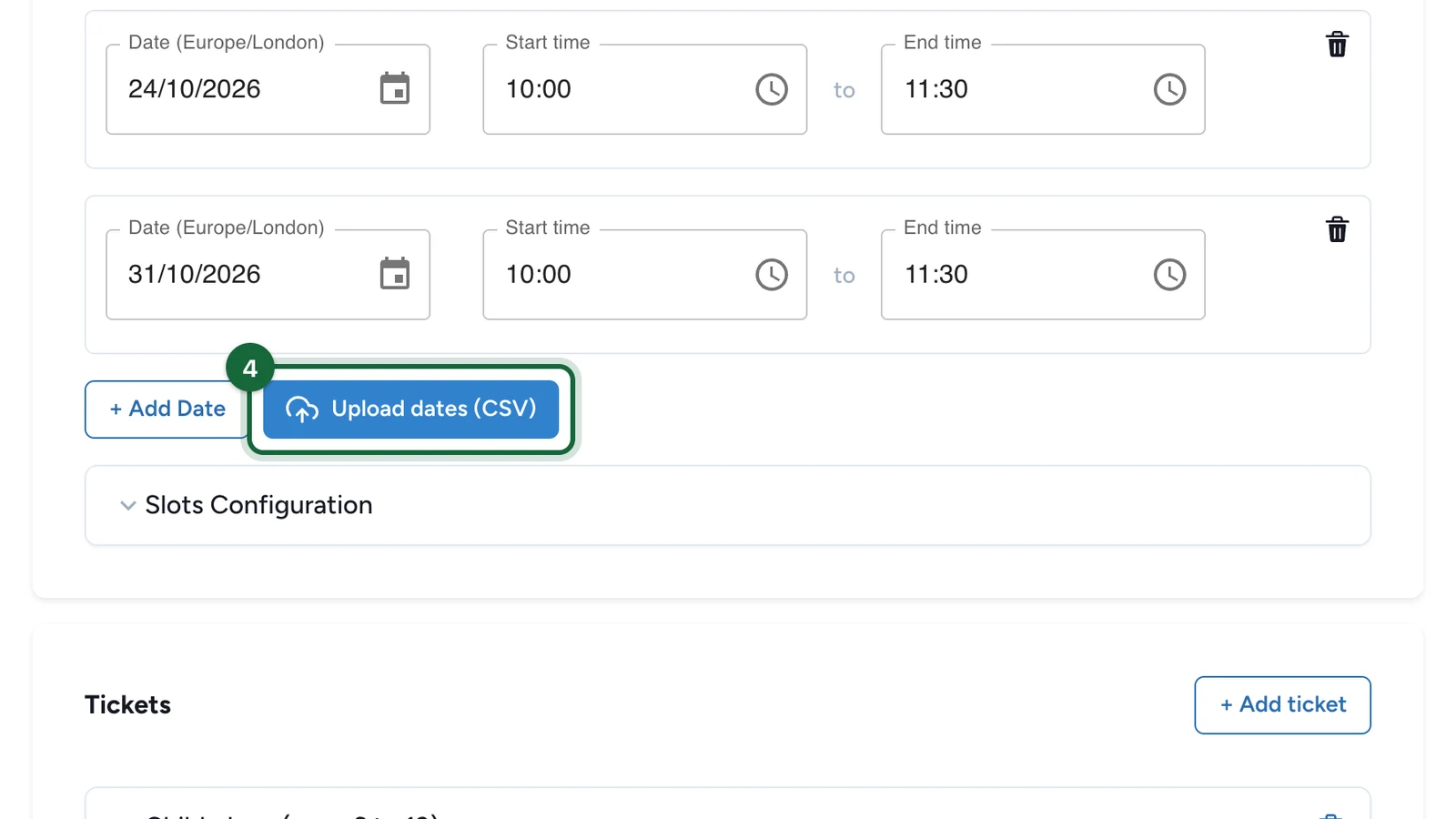 Upload dates (CSV) button highlighted next to + Add Date