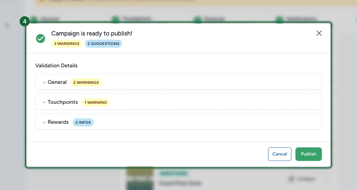Validation dialog showing Campaign is ready to publish with warnings and suggestions grouped by area, and the Publish button